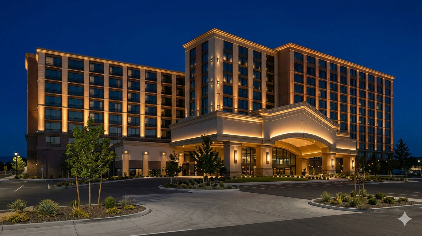 Illuminated casino resort hotel at night
