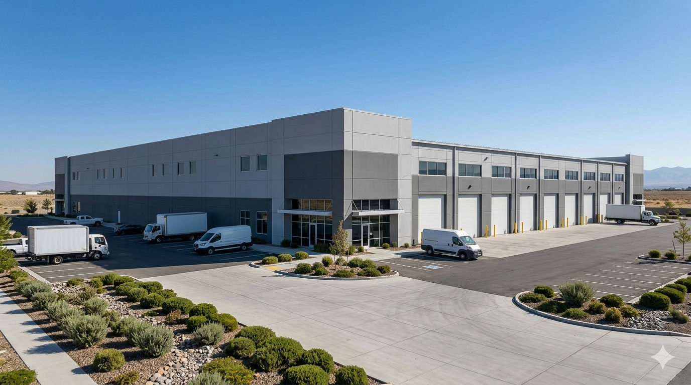 Industrial warehouse building with loading docks