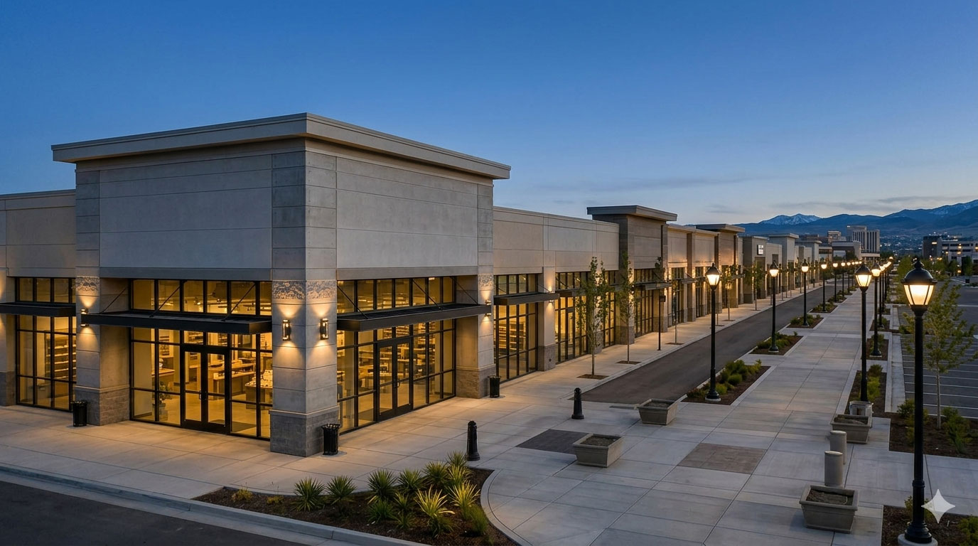 Outdoor shopping center storefronts illuminated at dusk
